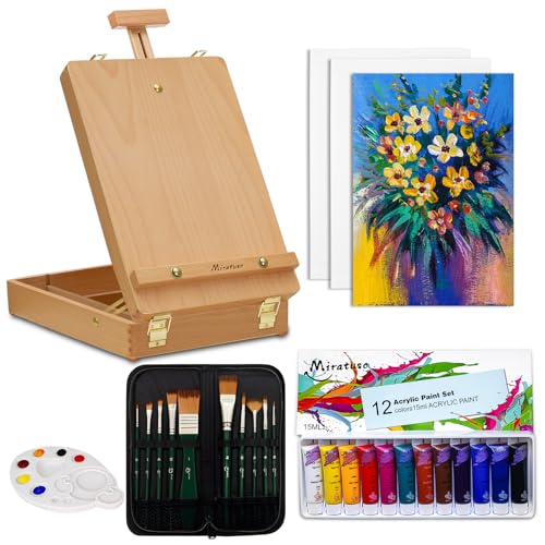 Caballete Pintura madera de haya 27 piezas,paleta y 3 paneles de lienzo - 12 pinturas y 10 pinceles acrílicos - Suministros de arte para artistas principiantes