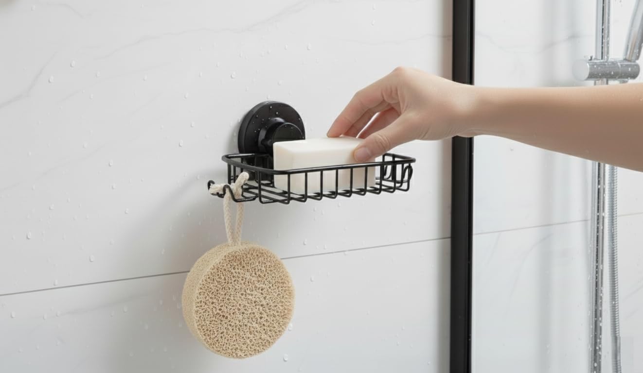 Jabonera para ducha, potente sistema de vacío, cesta de acero inoxidable 304 con ganchos de afeitar, soporte para jabón de baño o cocina (negro)
