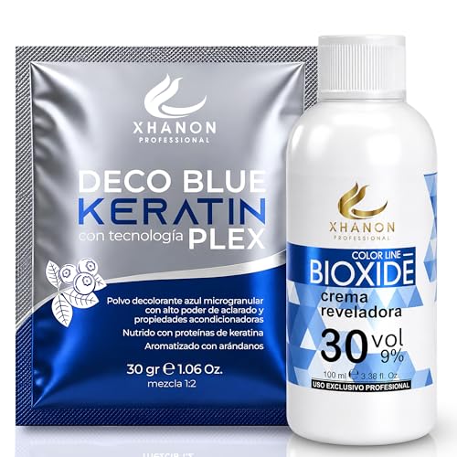 PACK Polvos decolorantes de Cabello + Crema Oxidante - 8 tonos de Aclarado - Decolorante pelo Profesional - Aroma Arándanos - Decoloracion Azul con Tecnología PLEX y Keratina (Sachet) (PACK 30 VOL)