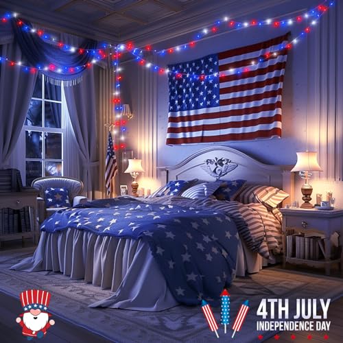 Jmexsuss 006-STRING-L-100LED-JULY4TH 4Th Of July Decorations 100 Led String Lights Indoor, 33Ft Red White And Blue Lights Plug-In, 8 Modes Patriotic 4Th Of July Lights For Indoor Outdoor Independence Day American Flag Holiday thumb #3