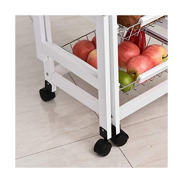 HOMCOM Drop-Leaf Kitchen Cart Trolley w/ 3 Baskets Drawer Surface Top 6 Universal Wheels Rolling Storage Unit Kitchen Home Dining Island White Oak Tone - Image 10