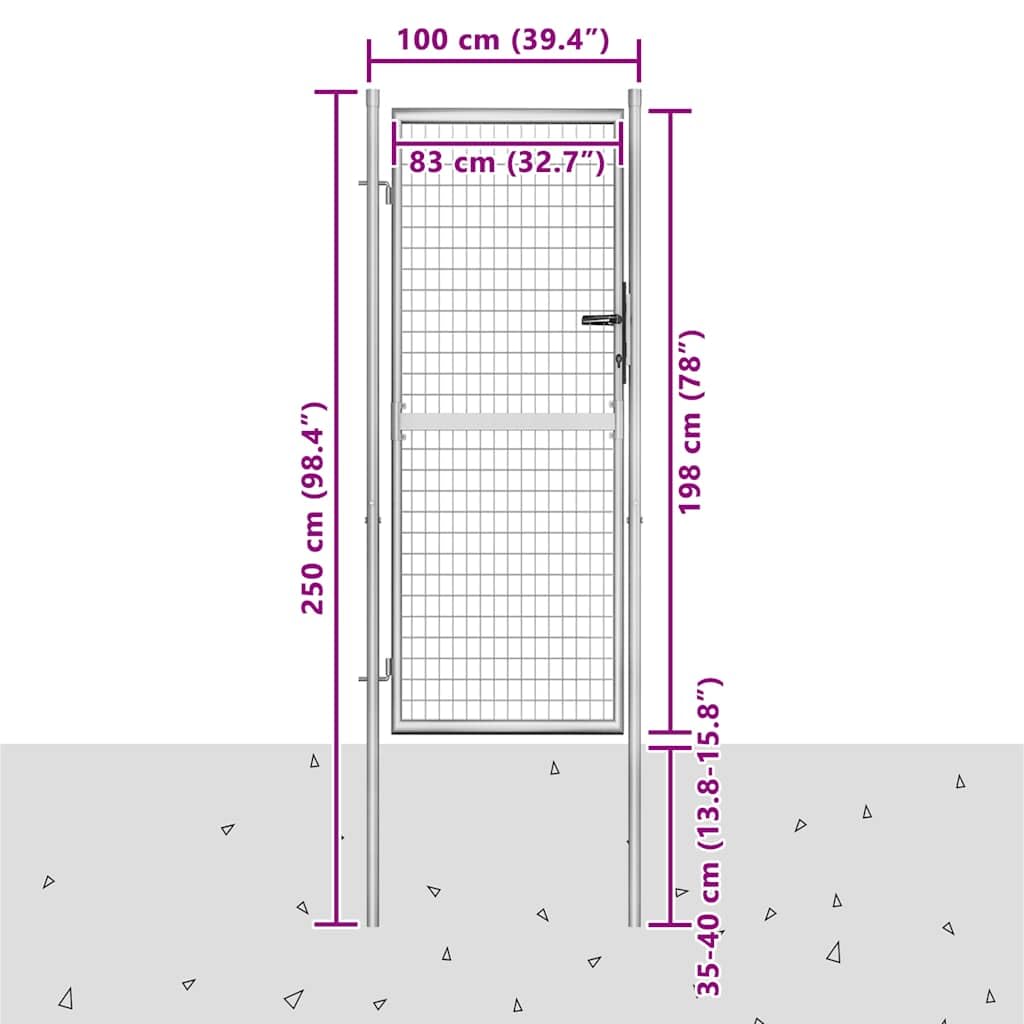 vidaXL Puerta de Jardín Acero Galvanizado Plateado 105x250cm Cercado Entrada Práctica Bricolaje Bisagras Resistentes Diseño Clásico Estable Duradera