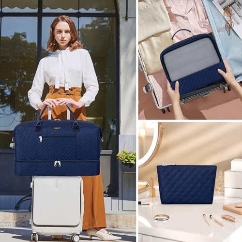 Weekender Bag for Women Travel Duffel Bag - Carry On Overnight Bag with Shoe Compartment Large Nylon Duffle Tote Bag 21.5" with Toiletry Bag for Traveling Business Weekend Trip 3Pcs Set — view 2