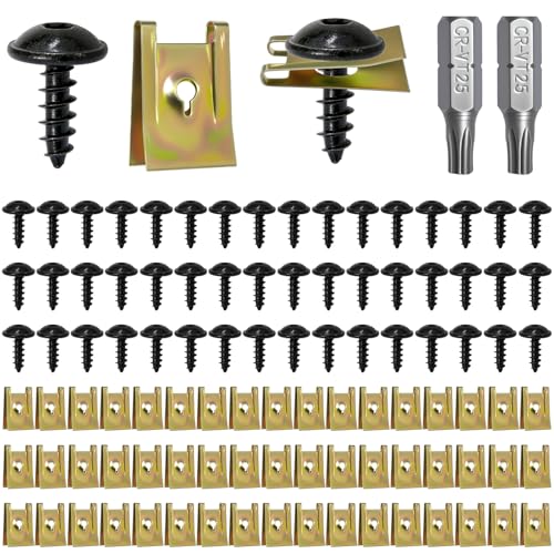 HavaCue 100 Pièces Kit de Clip à Vis Écrout, 50 Sets Vis Carrosserie Voiture avec 2 T25 Bits, Kit Clips de Fixation Voiture Universal Metal, pour Autos...