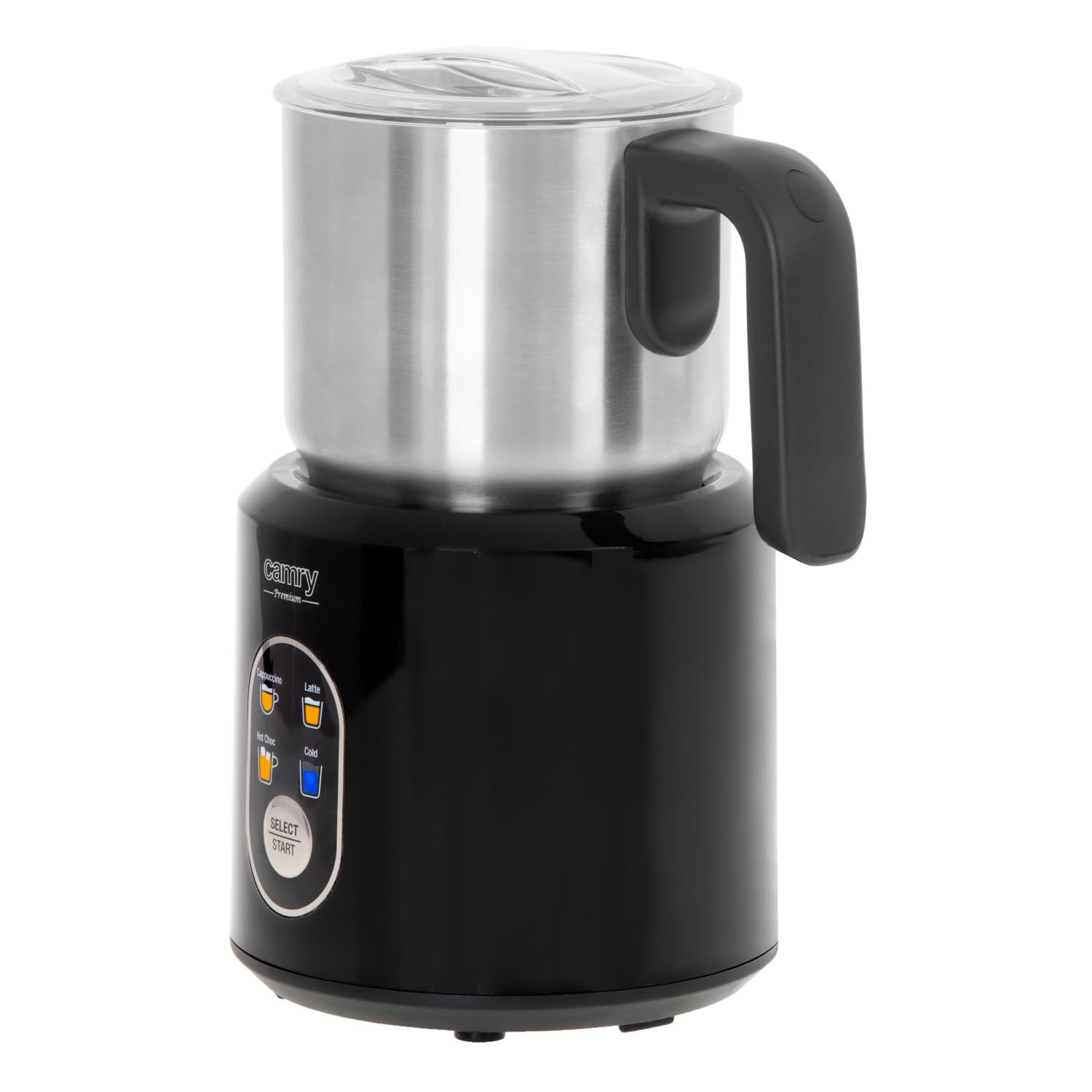 Camry CR4498 Espumador de Leche Automático Batidor de leche Eléctrico, Calentador Leche 350 ml, Hace Espuma en Caliente/Frío, Tapa Transparente, Jarra Inalámbrica Acero Inoxidable, 1000W