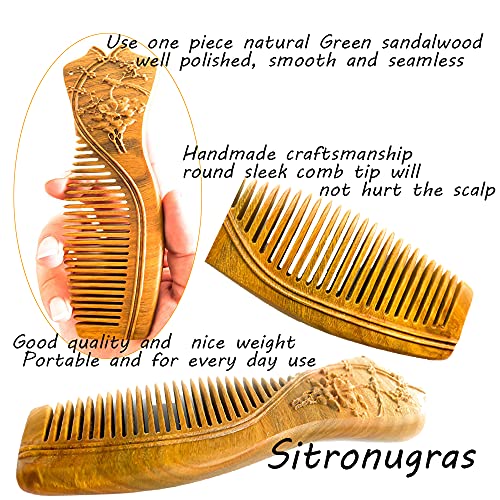 Sitronugras Handmade Carved Green Sandalwood Hair Comb, Fine Tooth Wooden Comb，Anti-Static No Snag Wood Combs For Women Kids,Oriental Gift For Women With Gift Box (Cheongsam) #TOP2