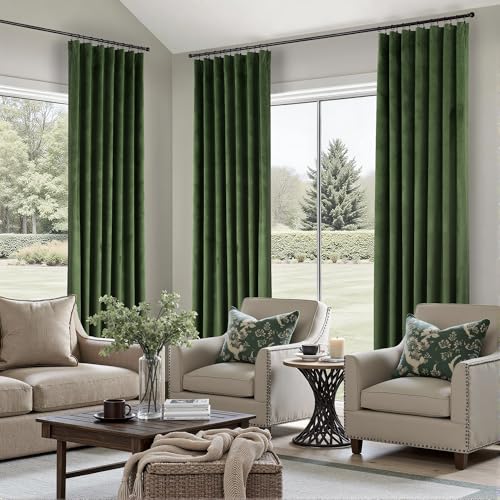 Image of Olive Green Velvet Back Tab Curtains 90 Inches Long 2 Panel for Living Dining Room Rustic Neutral Cottagecore Elegant Heavy Drape Decorative Moss Green Curtain for Bedroom Movie Theater French Country