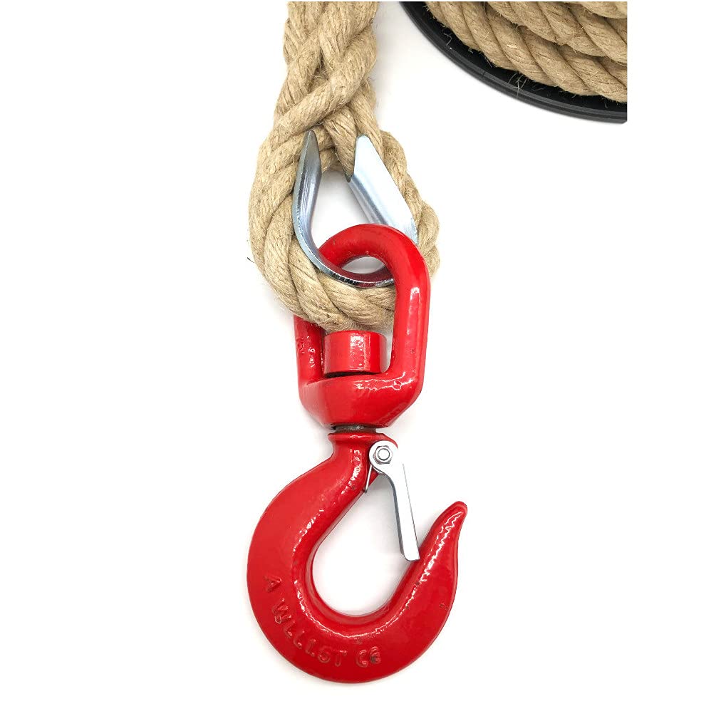 D-Work Seilrolle mit Hanfseil, Durchmesser 20/22 mm x Länge 25 m + C.M.U Wirbel Haken 1500 kg mit Heben