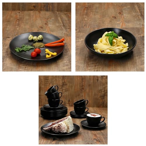 MamboCat Panther 30tlg Kombiservice I matt schwarzes Steingut-Geschirrset für 6 Personen I Je 6X Kaffeetassen 160ml, Untertassen, Kuchenteller, Suppenteller 420ml & Speiseteller