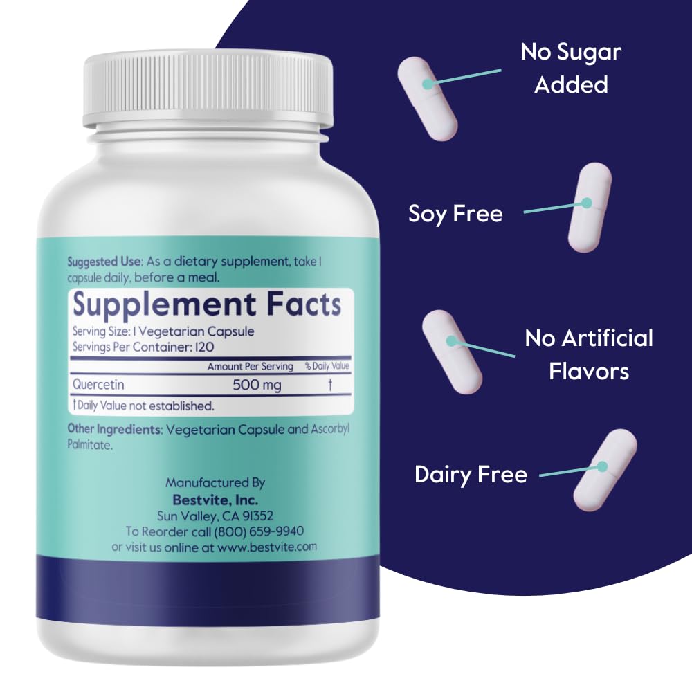 BESTVITE Quercetin 500mg (120 Veg Caps) - No Stearates - Vegan — Amazon image 3