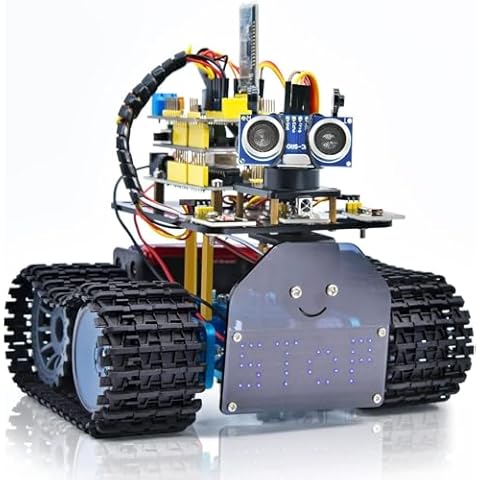 KEYESTUDIO Mini Tank Robot V2 Smart Car Kit for Arduino, IR Infrared and App Remote Control (iOS and Android), Light and Ultrasonic Follow, 8X16 LED Panel, Ultrasonic Obstacle Avoidance,15+ Cover