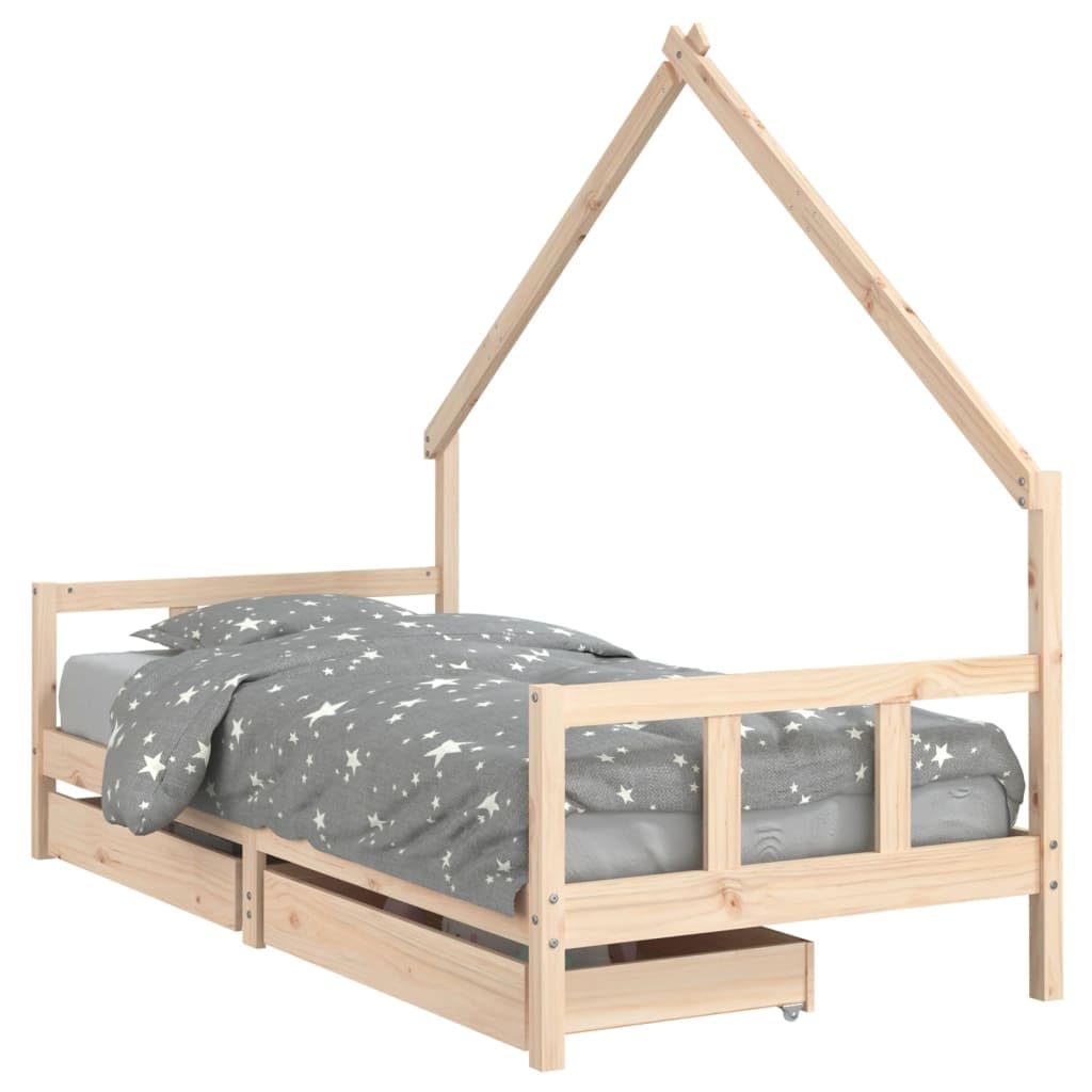 Rama łóżka dziecięcego z litego drewna sosnowego 90x200 cm z szufladami do przechowywania, niskie łóżko pojedyncze dla malucha z solidnymi listwami, nowoczesny design stymulujący kreatywność