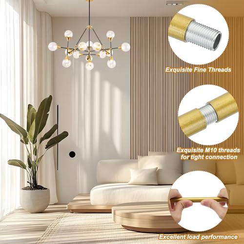 Image of PATIKIL Threaded Extension Rod, 5 Sets 11.8 inch M10 x 1mm Fine Thread Lamp Pipe with Lamp Pipe Nipples for Pendant Light Island Lighting Chandeliers Stems, Gold Tone