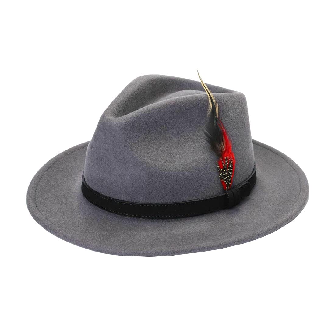 Fairy Trendz Unisex Grey Mens Trilby Adjustable Band Feather Fedora Hat Womens Wool Cowboy Style Party Wear Hat