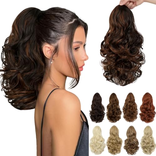 Leterly Ponytail Extension,15" Drawstring Ponytail Hair Extensions Short Wavy Pony Tail Natural Curly Soft Synthetic Hairpiece for Women Dark Brown Mix Light Auburn