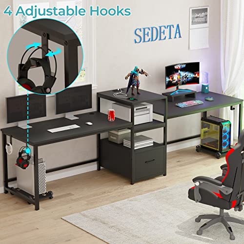 Sedeta 98" 2 Person Office Desk, Computer Desk With Letter/A4 File Drawer, Power Strip With Usb, Long Desk For Home Office With Storage, Printer Shelf, Monitor Stand, Black #TOP6