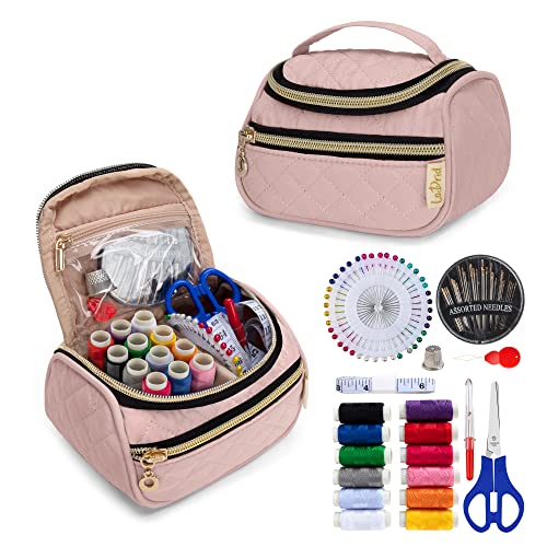 LoDrid Small Sewing Kit, Portable Storage Bag with 12 Colors Thread and Complete Sewing Tools for Home & Travel, Mini DIY Sewing Repair Supplies Set for Adults, Kids & Beginners, Dusty Rose