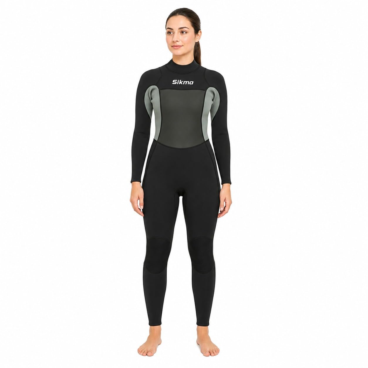 Sikma Women’s Full Body Wetsuit 3mm Neoprene Long Sleeve Diving Suit – Thermal Stretch Wet Suit for Surfing, Snorkeling, Swimming, Water Sports. (Black/Grey, Medium)