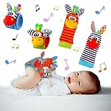 QINREN 4-Pcs Baby Wrist Rattles & Foot Finders, Sensory Stimulation Soft Animal Bell Straps for 0-9 Month Infants