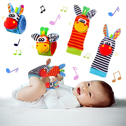 QINREN 4-Pcs Baby Wrist Rattles & Foot Finders, Sensory Stimulation Soft Animal Bell Straps for 0-9 Month Infants