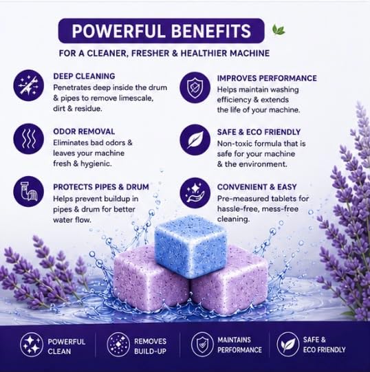 Image of Washing Machine Cleaner 24 Tablet | 12 Fresh Flavour + 12 Lavender Flavour | - Descaler for Washing Machine Front Load & Top Load | Remove Limescale & Soap Scum, Tough Grime