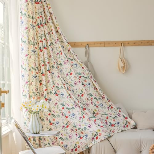 Image of SUOUO Red Floral Curtains for Living Room Chenille Light Filtering 84 Inches Long 2 Panels Patterned Green Yellow Wildflower Window Drapes for Dining Bedroom