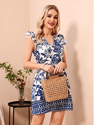 Image of Floerns Women's Solid V Neck Ruffle Trim Cap Sleeve Summer Tunic Dress