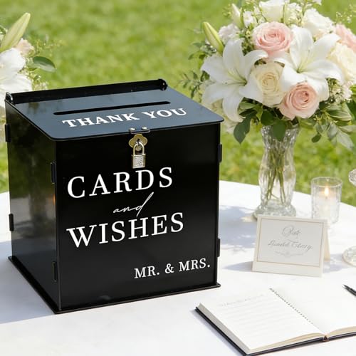 SOFARKKT Black Acrylic Card Box with Slot & Lock, DIY Large Wedding Card Boxes for Reception, Elegant Money Envelop Gift Cards Box for Party Wedding Birthday Baby Shower Graduation Table Decor