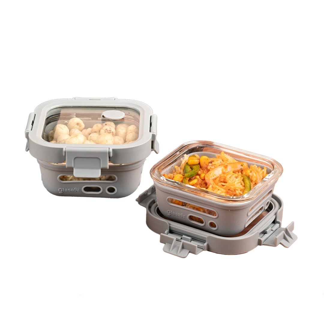 GLASAFE 320ml Borosilicate Glass Lunch Box for Office Men & Women - Kitchen Storage Set - Glass Containers for Snacks, Kitchen Storage - Microwave Safe | Leakproof (2pcs, Grey) (B0CVWX2CKM) Amazon Price History, Amazon Price Tracker