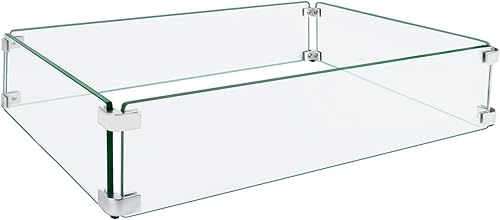 Protector de viento para hoguera, 31.5 x 14.5 x 6 pulgadas, protector de viento de vidrio para mesa cuadrada de hoguera, hecho de vidrio templado