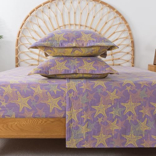 Image of FADFAY Beach Theme Sheets Set King Purple Yellow Starfish Ocean Bedding Coastal Nautical Bedding Super Soft Washed Double -Layer Muslin Sheets 100% Cotton Deep Pocket Fitted Sheet 4Pcs, King Size
