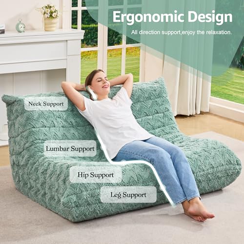 Image of Hobestluk Large Bean Bag Chair Faux Fur BeanBag Couch for Living Room | Green Chevron, Loveseat,Ergonomic Design,Memory Foam,Anti-slip Bottom,No Assembly Required,Decorative Style for Living Room