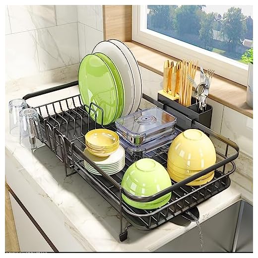 PXRACK Dish Drying Rack, Expandable(12.8"-21.5") Dish Rack with Utensil Holder Cup Holder, Stainless Steel Dish Rack and Drainboard Set for Kitchen Counter, Black