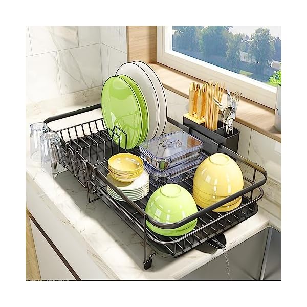 PXRACK Dish Drying Rack, Expandable(12.8"-21.5") Dish Rack with Utensil Holder Cup Holder, Stainless Steel Dish Rack and Drainboard Set for Kitchen Counter, Black