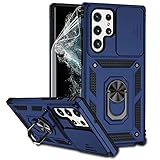 for Samsung Galaxy S22 Ultra Case with Camera Lens Cover HD Screen Protector,Military-Grade Drop Tested Magnetic Ring Holder Kickstand Protective Phone Case for Samsung Galaxy S22 Ultra 5G (Navy Blue)