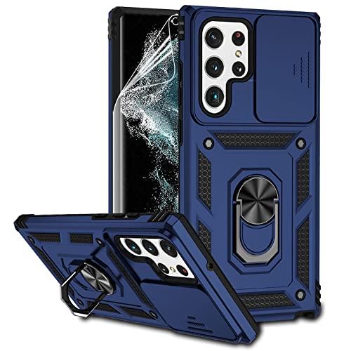 for Samsung Galaxy S22 Ultra Case with Camera Lens Cover HD Screen Protector,Military-Grade Drop Tested Magnetic Ring Holder Kickstand Protective Phone Case for Samsung Galaxy S22 Ultra 5G (Navy Blue) - image 1