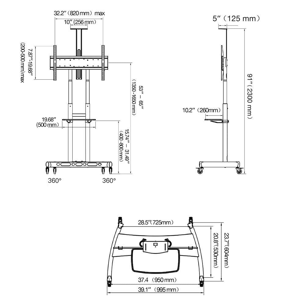 Ekskluzywny stojak, wózek mobilny do TV LCD, LED, Plazma od 55 do 80 cali (140-204 cm), VESA maks. 800 x 500 mm, maksymalny udźwig 90,9 kg, półka na aparat i sprzęt AV