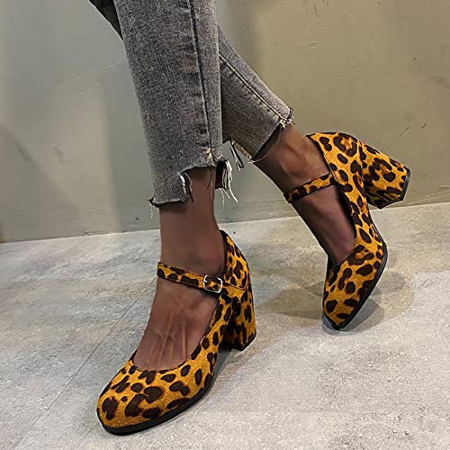 UIFLQXX Sandálias femininas de camurça com estampa de leopardo salto médio respirável bico redondo f