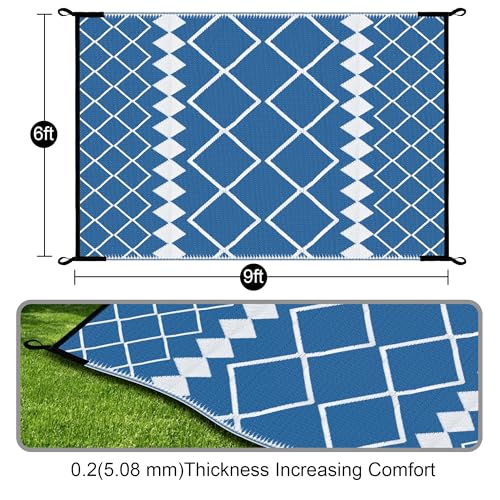 Image of Outdoor Reversible Rugs, Plastic Straw Area Mats, Modern Large Floor Rugs for RV, Patio, Backyard, Deck, Picnic, Beach, Trailer, Camping (Navy & White, 6'x9')