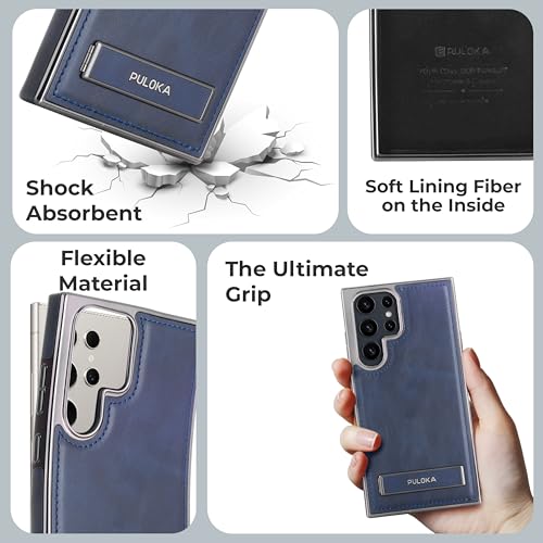 Image of PULOKA Chrome Leather Back Case - Compatible with Samsung Galaxy S25 Ultra - Luxury Bumper Case - Flexible Vegan Leather - Electroplated Sides - Full Camera Protetection & Raised Edges - Blue