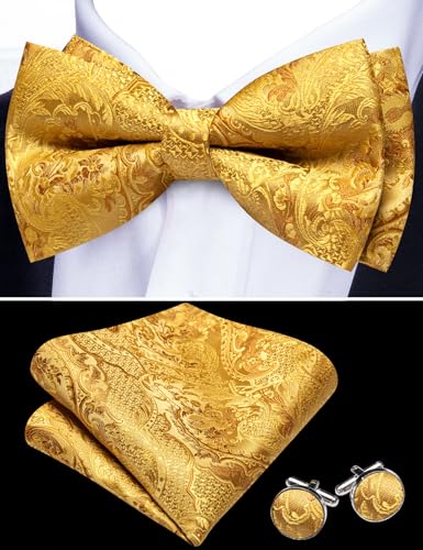 Image of Barry.Wang Paisley Striped Bow Tie for Men Silk Pre-Tied Bowtie Pocket Square Cufflinks Set Formal Wedding Party Prom