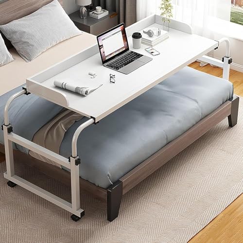 Mesa de cama de hospital giratoria de altura ajustable con ruedas para uso doméstico, silla, carro, laptop, escritorio, mesa reclinable, color blanco niebla helada