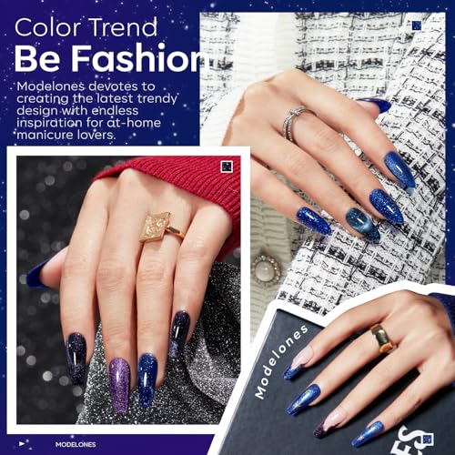 Image of modelones Cat Eye Gel Nail Polish 6 Colors Winter Black Blue Purple Glitter Gel Nail Polish Dark Blue Chameleon Sparkle Shimmer Polish with Magnet Soak Off Led Nail Art DIY Salon Gifts For Women