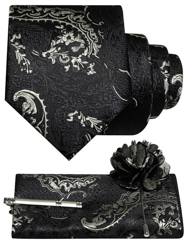 JEMYGINS Ensemble de cravates basées noires pour homme, mouchoir de poche, pince à cravate, pince à cravate, boutonnière avec motif baroque, pour mariage,...