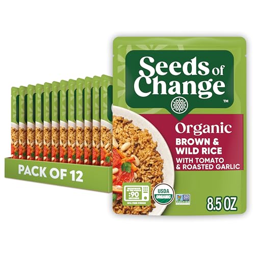 SEEDS OF CHANGE Certified Organic Brown and Wild Rice with Tomato &amp; Roasted Garlic, Organic Food, 8.5 oz Pouch (Pack of 12)