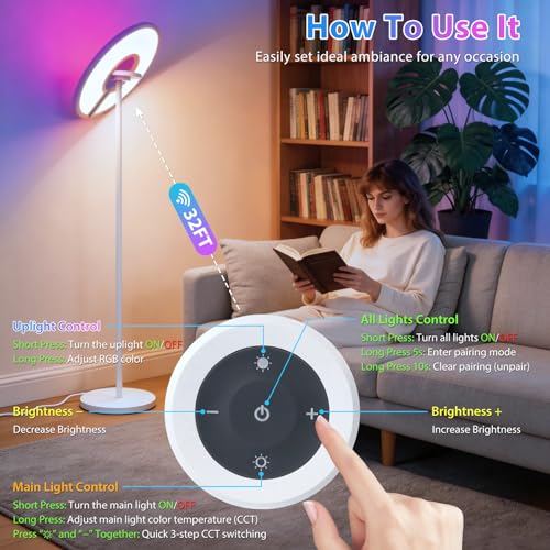 2-in-1 Full Spectrum LED Floor Lamp with Remote, 76'' Tall 350° Adjustable 4100LM Super Bright Reading Lamp with RGB Ambient Glow,Stepless Dimming & 5CCT Modern Standing Lamps for Living Room, Bedroom - image 4
