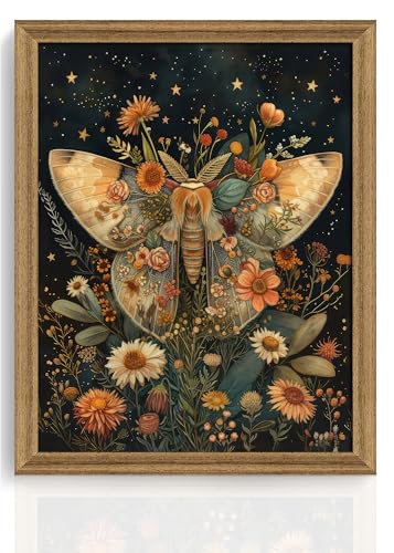ICHZUMW Dark Cottagecore Room Decor, William Morris Moth Floral Print, Boho Witchy Mystical Home Decor, Goblincore Botanical Wall Art, Dark Academia Canvas for Bathroom Bedroom, 8x10in
