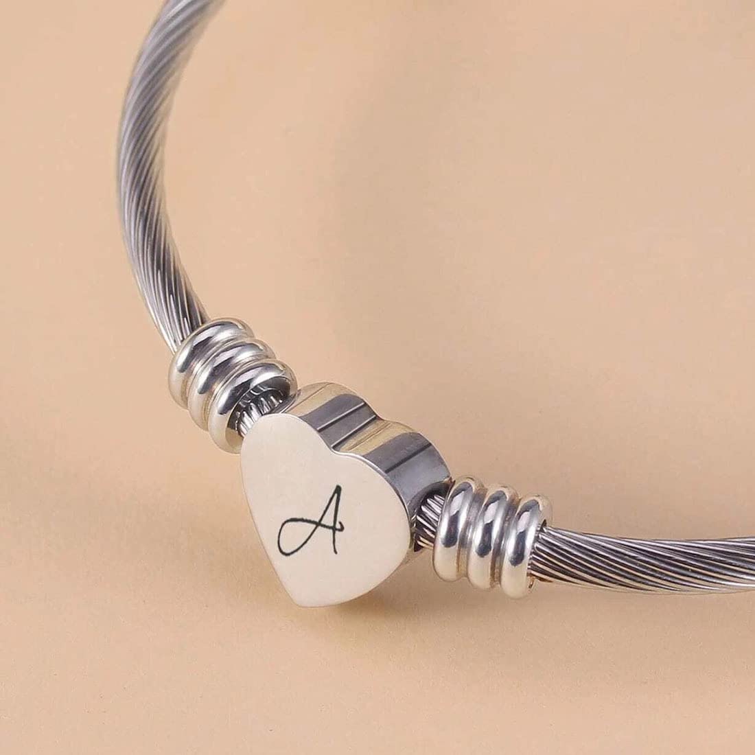 Bracciale a cavo Cuore, lettera A Iniziale del Nome, in acciaio