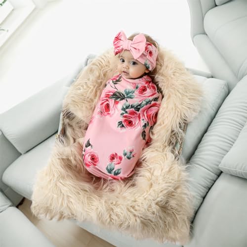 Image of Galabloomer Receiving Blanket Headband Set Flower Print Baby Swaddle Receiving Blankets