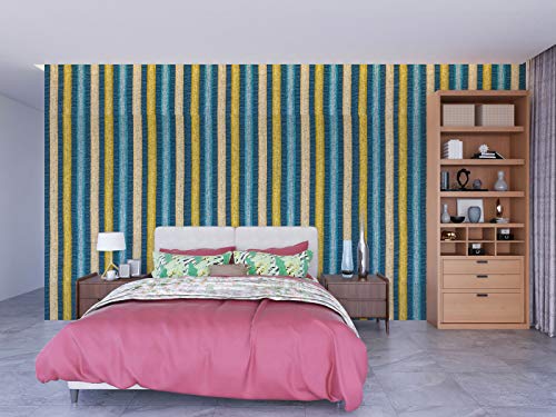 Image of DWELLSINDIA Striped Fabric Design Self Adhesive Wallpaper Peel & Stick, Waterproof, Scratch Resistant, Laminated (41cm x 244cm, Teal & Yellow)